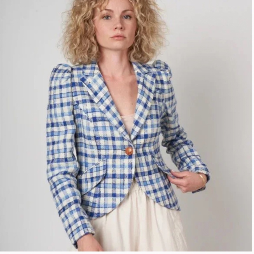 Smythe Pouf Sleeve One Button Blazer in Blue Sackcloth Check size 4